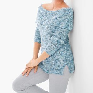 Chicos Sequin Shine Dorothy Off Shoulder Blue Marled Knit Sweater size Medium